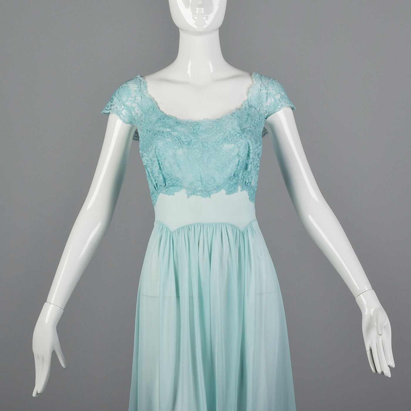 1950s Vanity Fair Blue Nightgown with Lace Shelf Bust