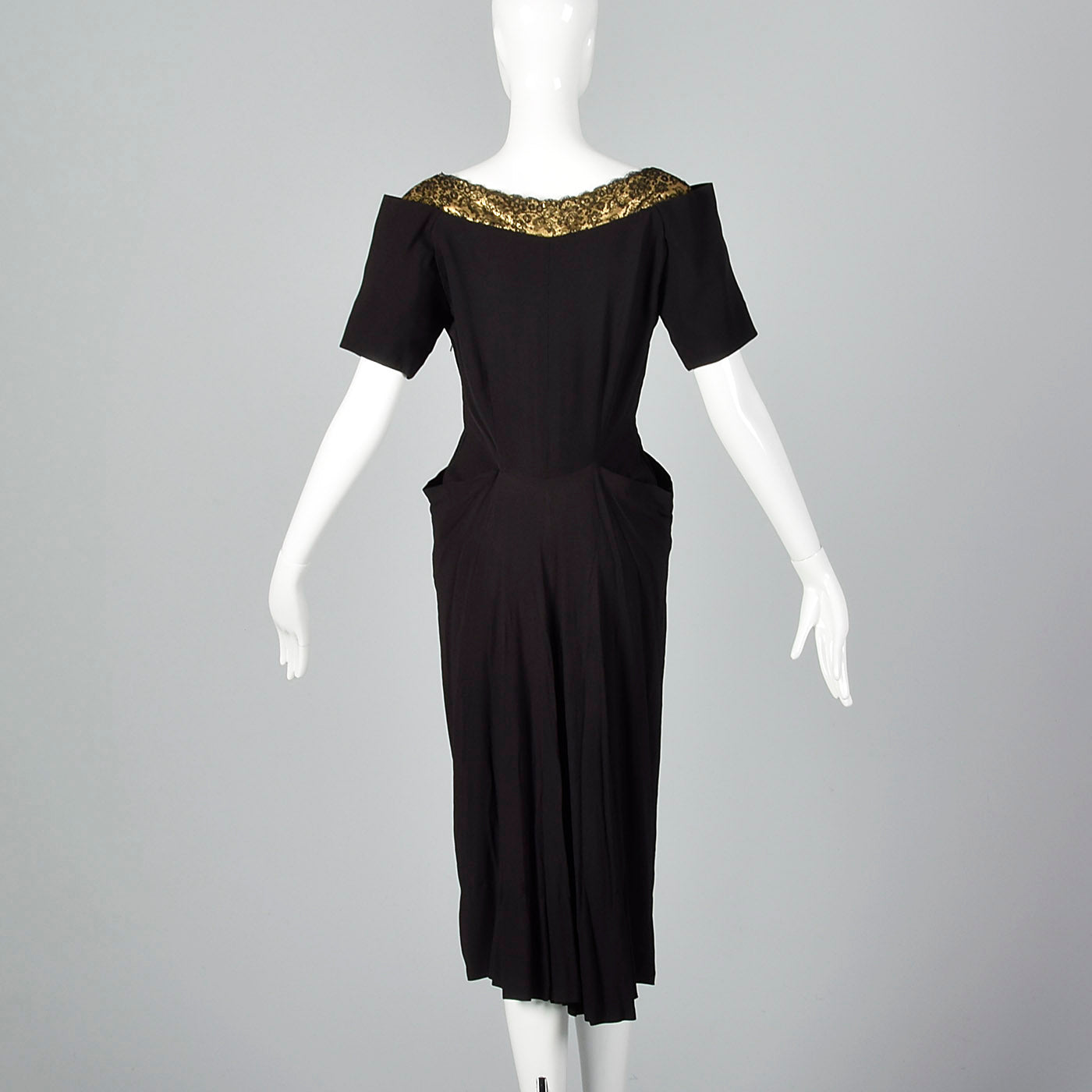 1940s Black Rayon Dress with Gold Trim