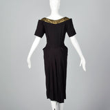 1940s Black Rayon Dress with Gold Trim