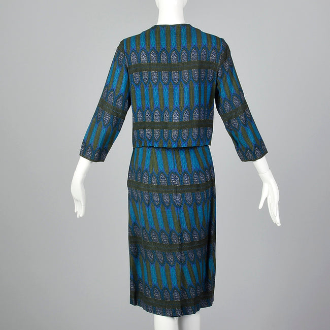 1960s Blue Printed Jacket with Matching Skirt