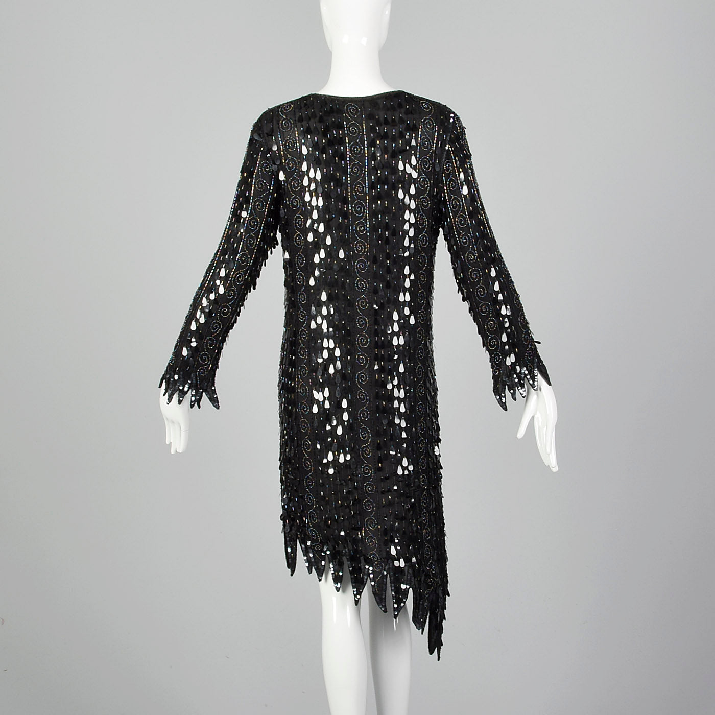 1970s Frank Usher Black Beaded Silk Dress
