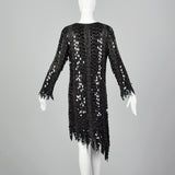 1970s Frank Usher Black Beaded Silk Dress