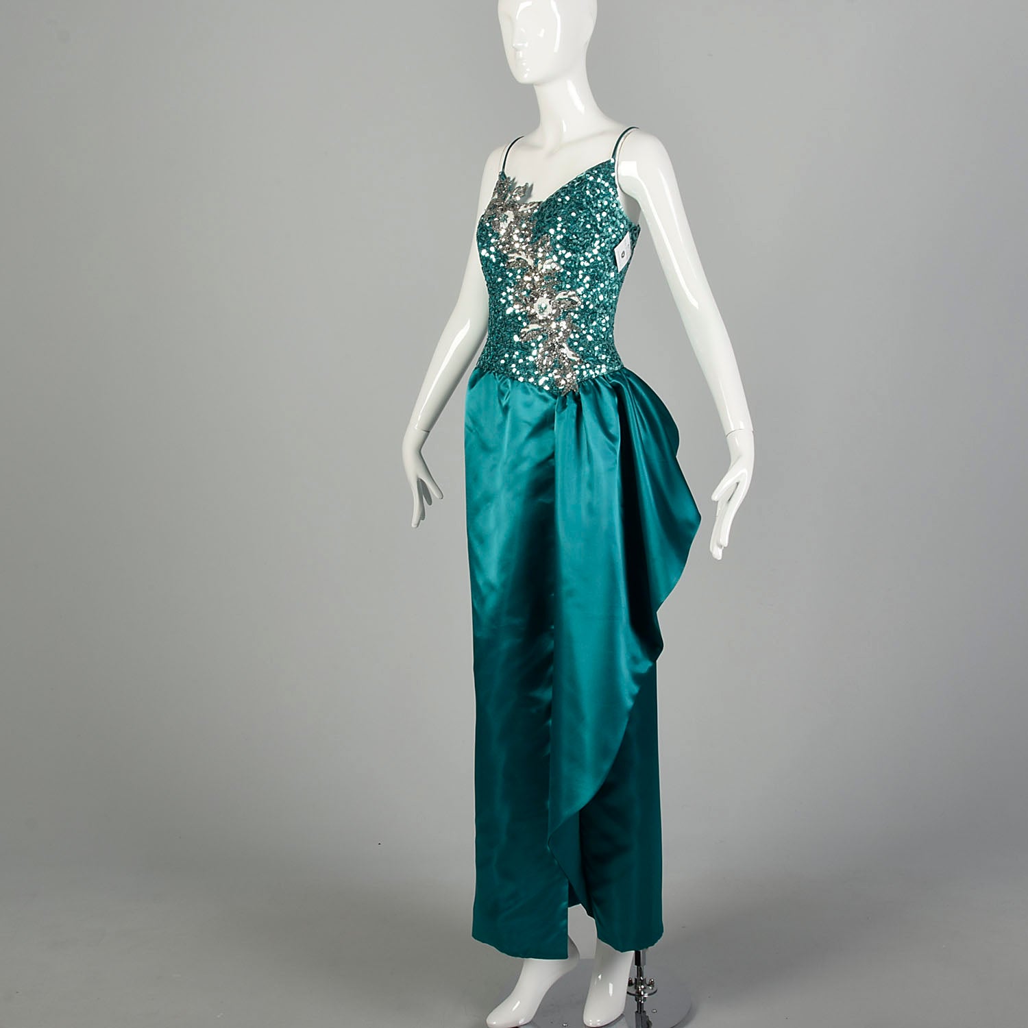 Small 1980s Mike Benet Teal Sequin Maxi Gown Formal