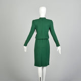 Small 1980s Adolfo Holiday Green Knit Long Sleeve Winter Sweater Dress