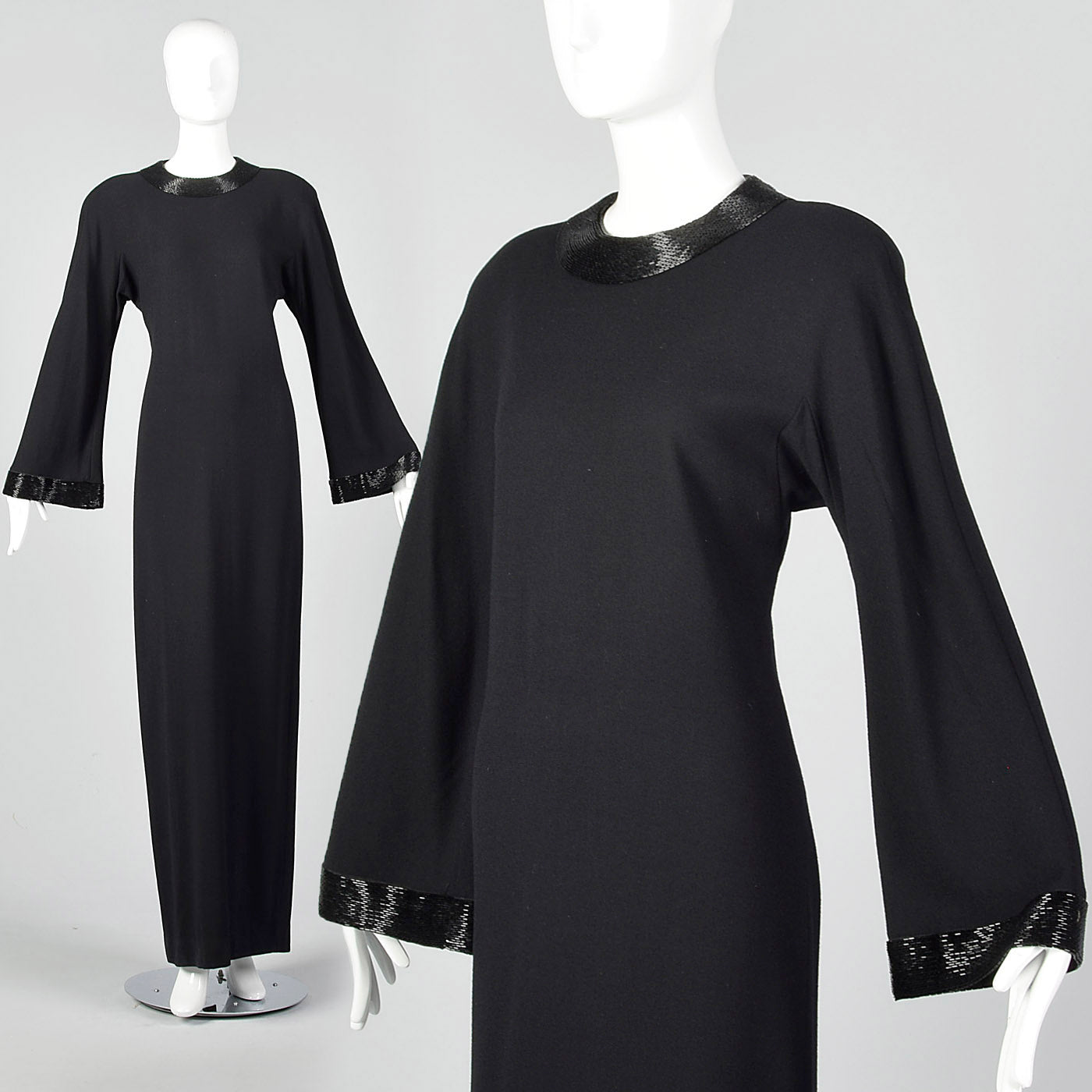 1970s Anne Klein Black Wool Evening Gown with Bell Sleeves and Beaded Trim