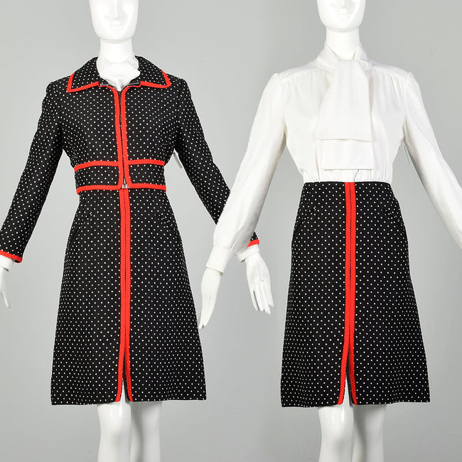 Medium 1970s Dress Jacket Ensemble Pussy Bow Red Black Ivory Knit Set