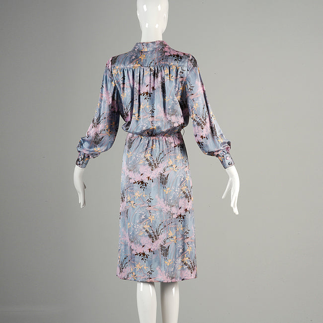 1940s Silk Periwinkle Blue Dress with Floral Print