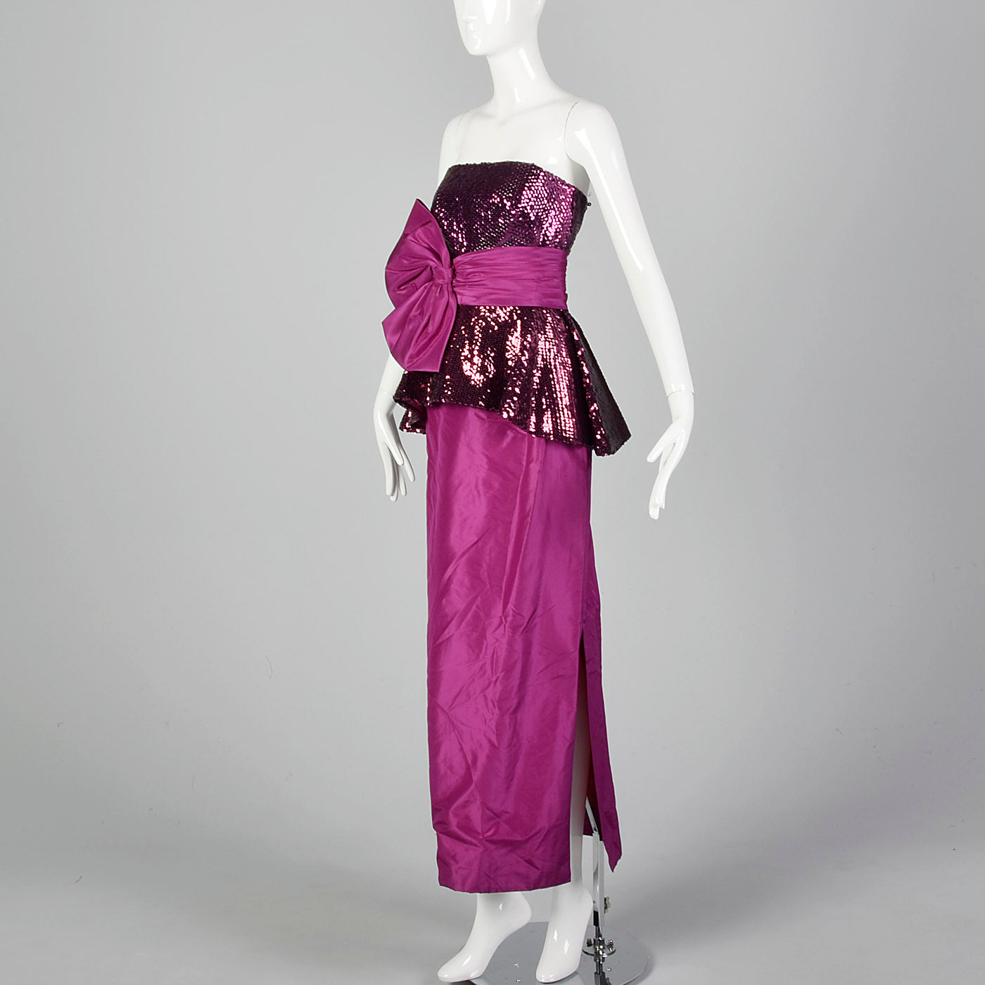 1980s Mignon Fuchsia Taffeta Dress with Sequined Bodice