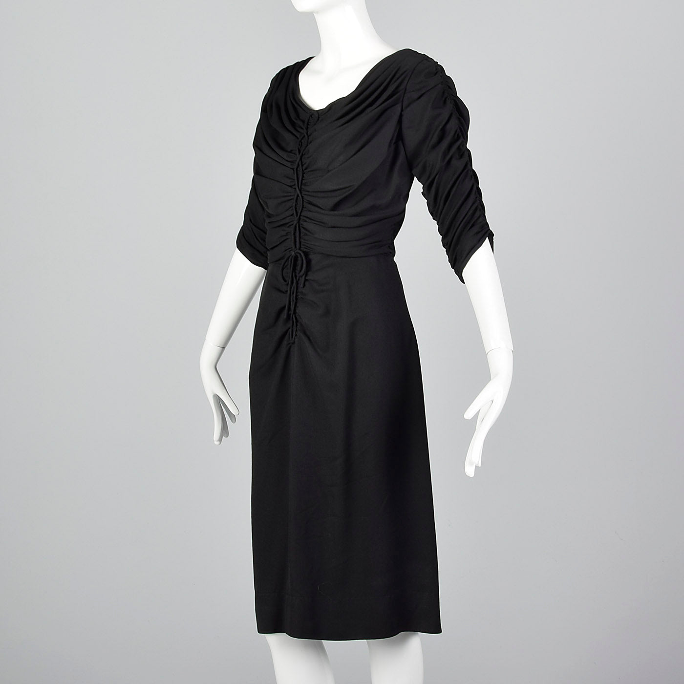 1950s Black Rayon Dress with Gathered Bodice