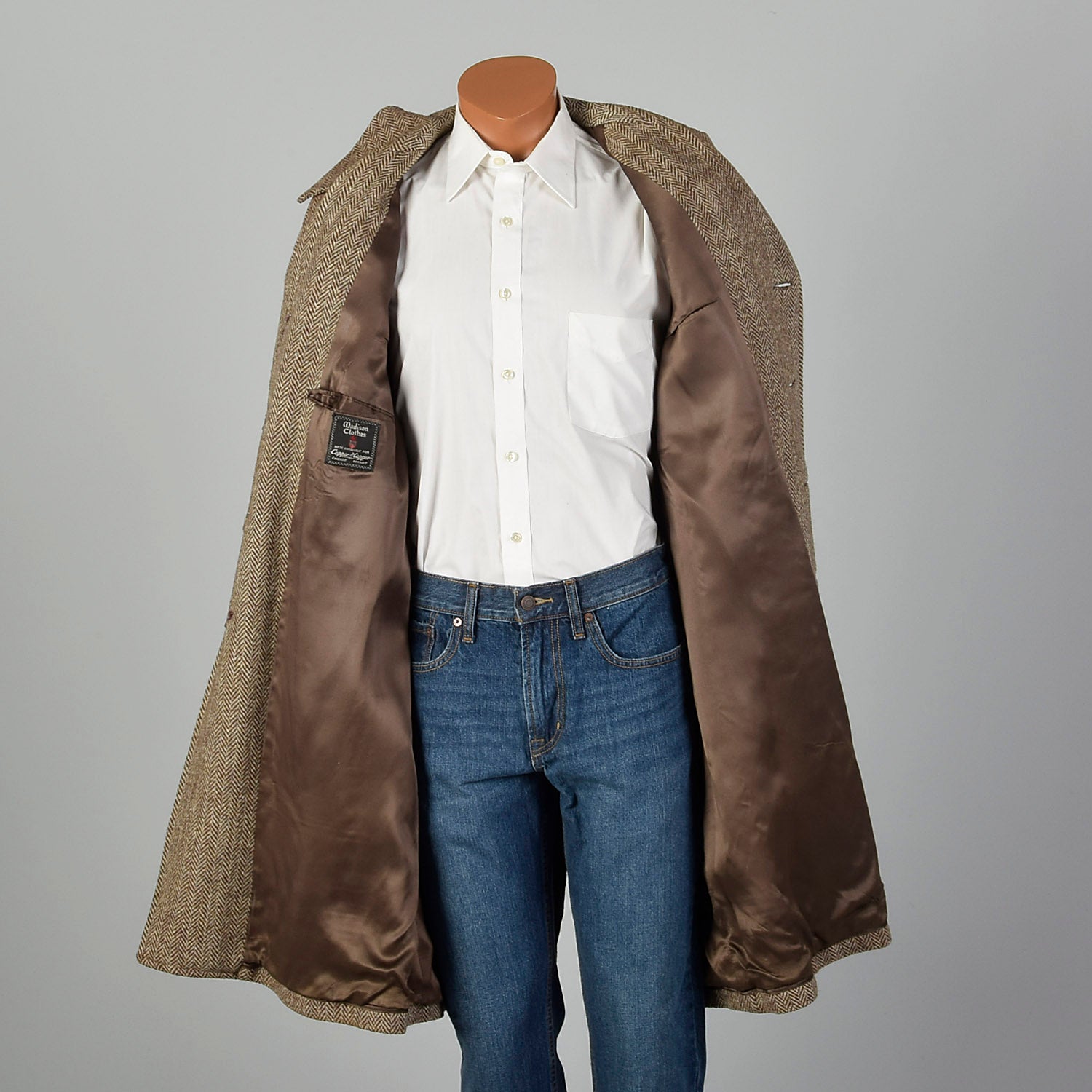 41 Medium 1950s Mens Brown Wool Tweed Coat
