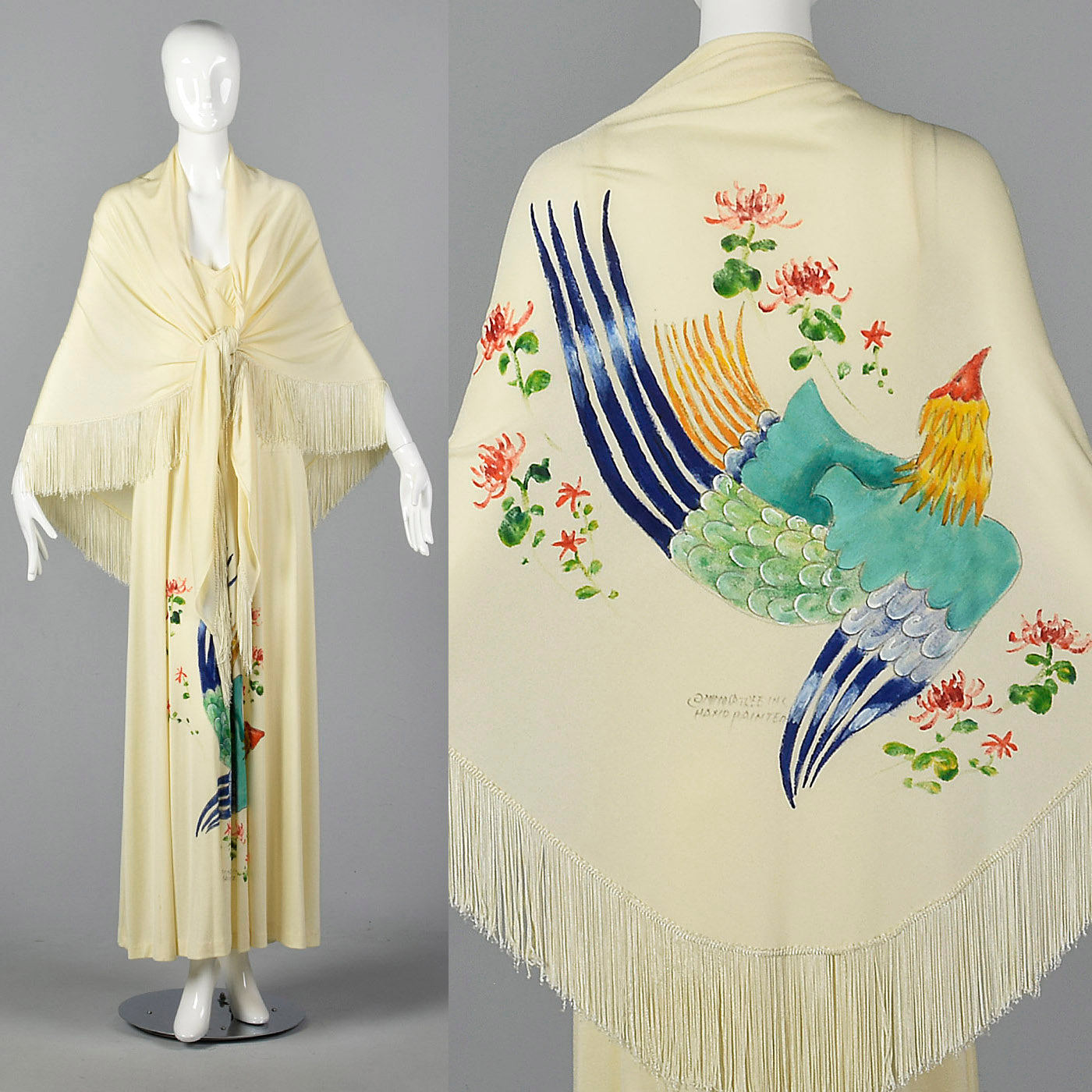 1970s Hand Painted Maxi Dress and Matching Shawl