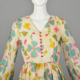 XS 1970s White Floral Long Sleeve Dress