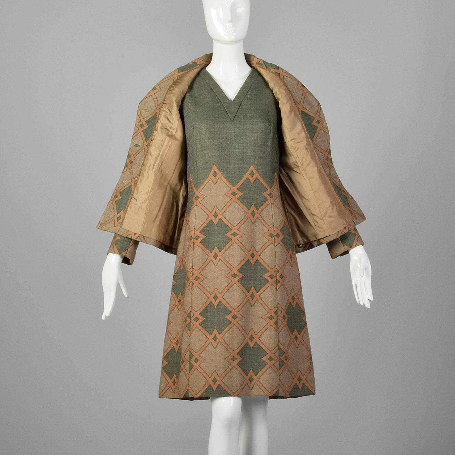 Large 1970s Green Geometric Italian Couture Dress Jacket Set
