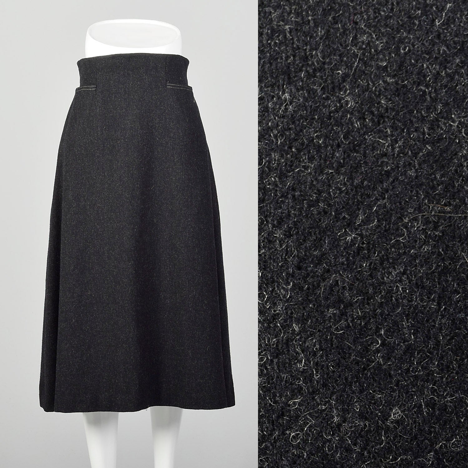 Small 1960s Mod Gray Wool Midi Skirt High Waist A Line Topstitch with Pockets