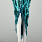 Large 1980s Bob Mackie Gown Bugle Beads Sequins Caged Back Hi Low Beaded Fringe Hem