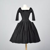 1950s Black Dress with Full Circle Skirt and Patch Pockets