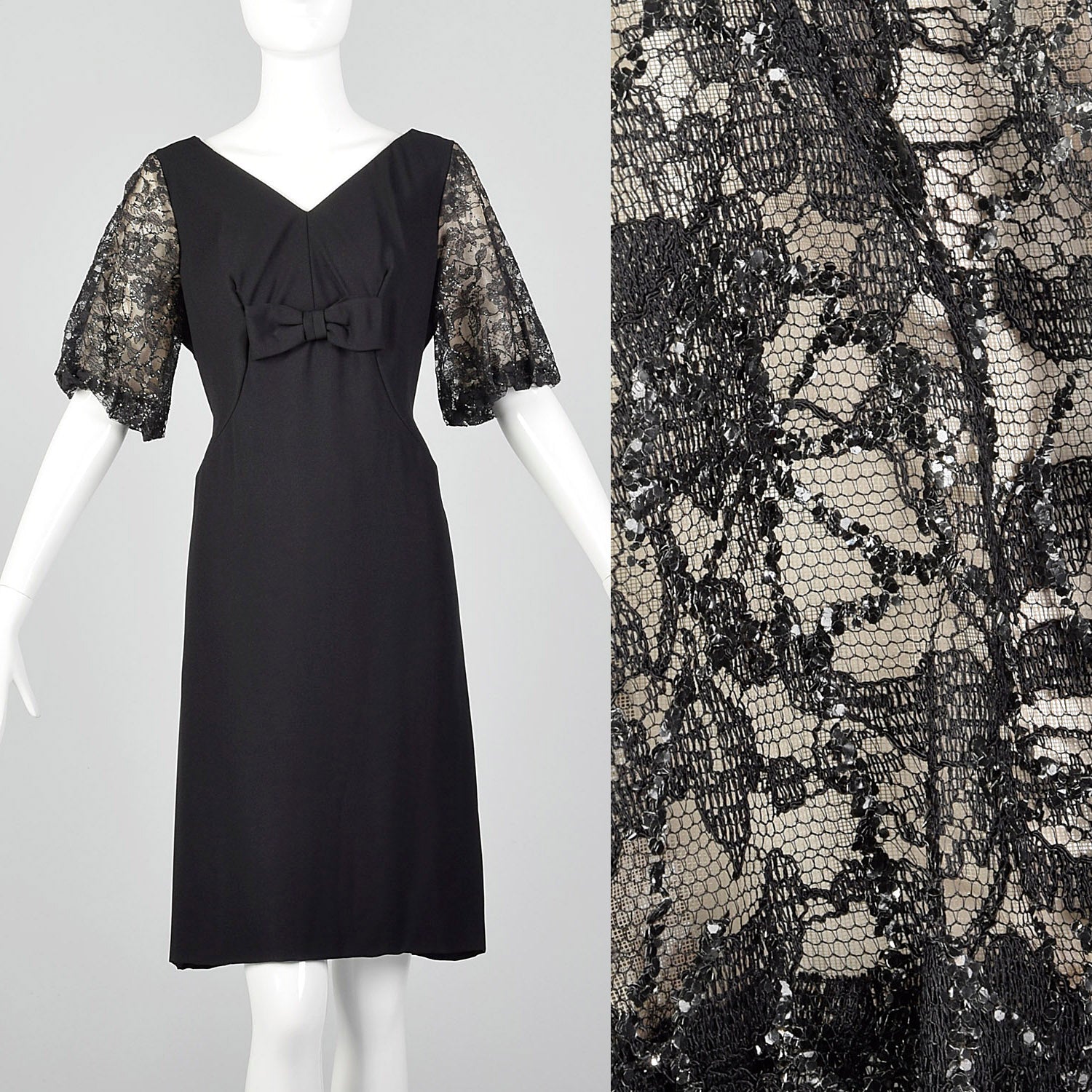 1960s Black Lace Sleeve Shift Dress