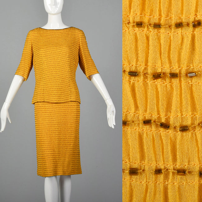 1960s Yellow Silk Dress with Beads