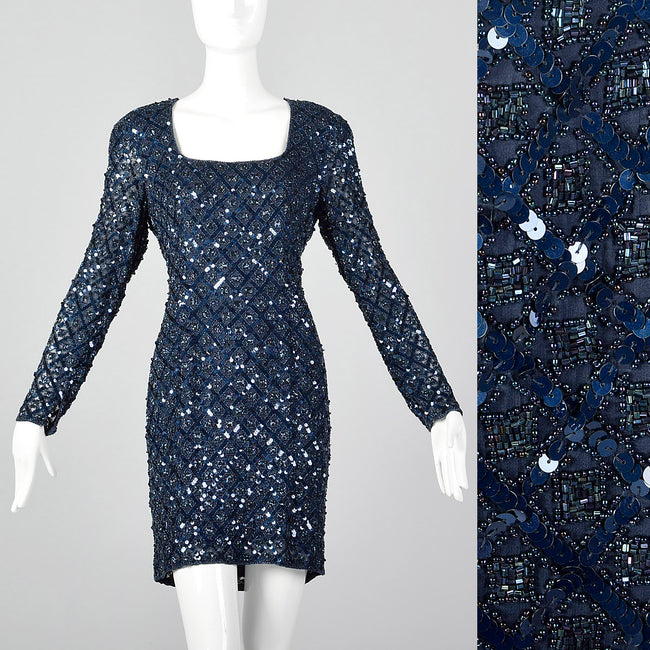 1990s Oleg Cassini Blue Beaded Cocktail Dress