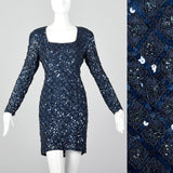 1990s Oleg Cassini Blue Beaded Cocktail Dress