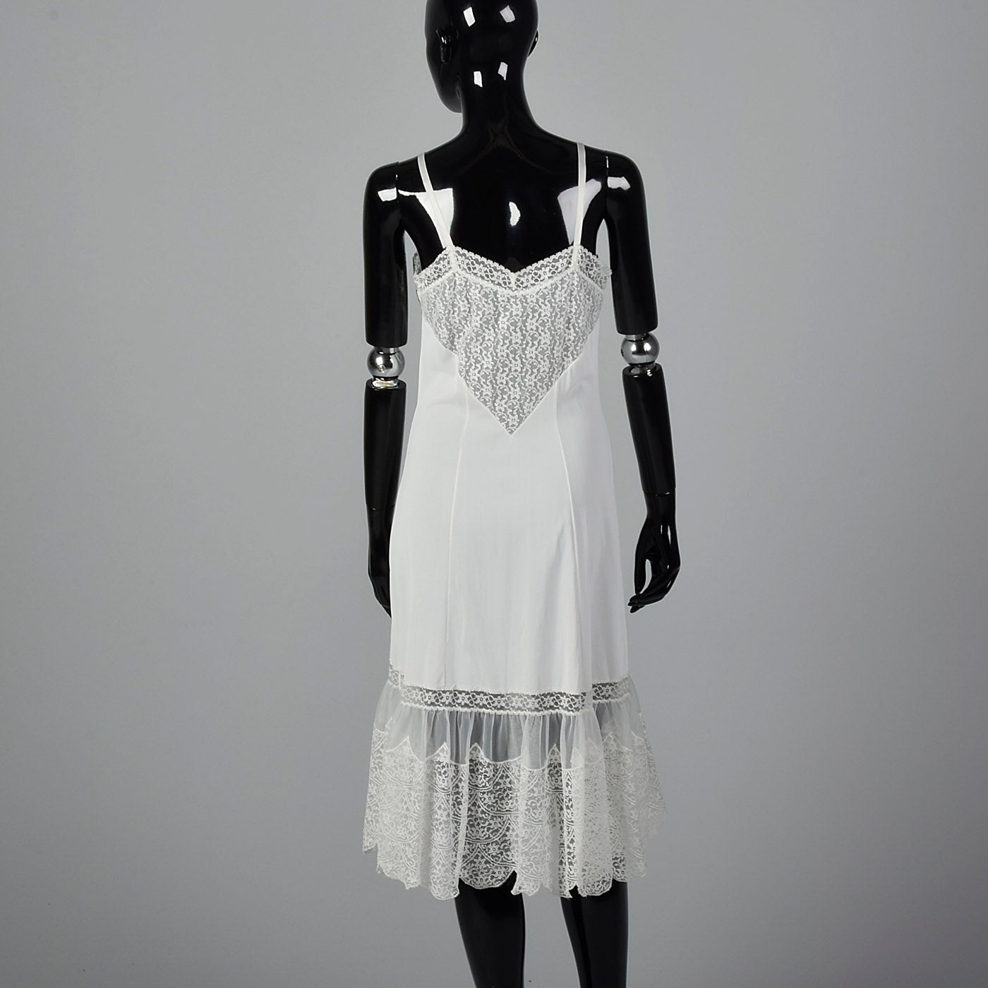 1950s Lace Trim White Nylon Slip with Adjustable Straps