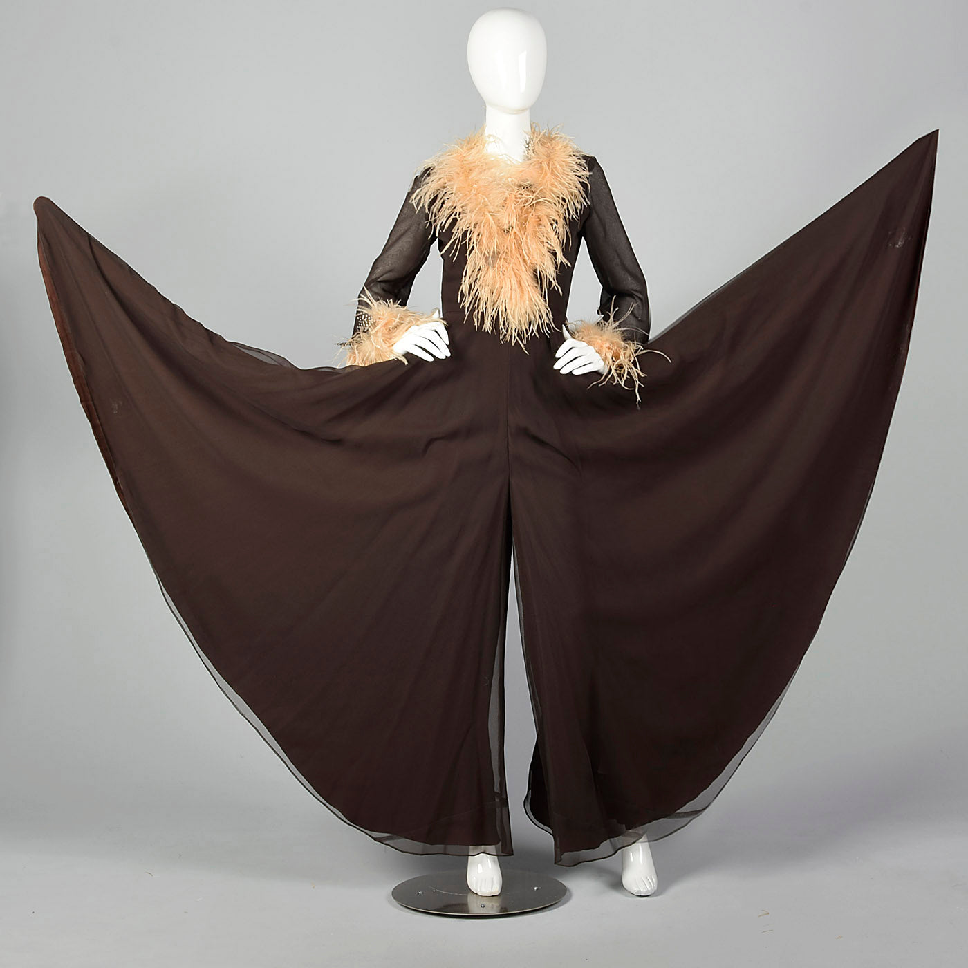 1970s Feather Trimmed Jumpsuit with Huge Palazzo Legs
