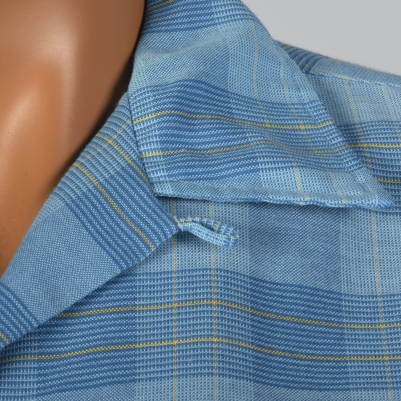 1960s Mens Blue Plaid Shirt with Loop Collar