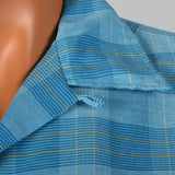 1960s Mens Blue Plaid Shirt with Loop Collar