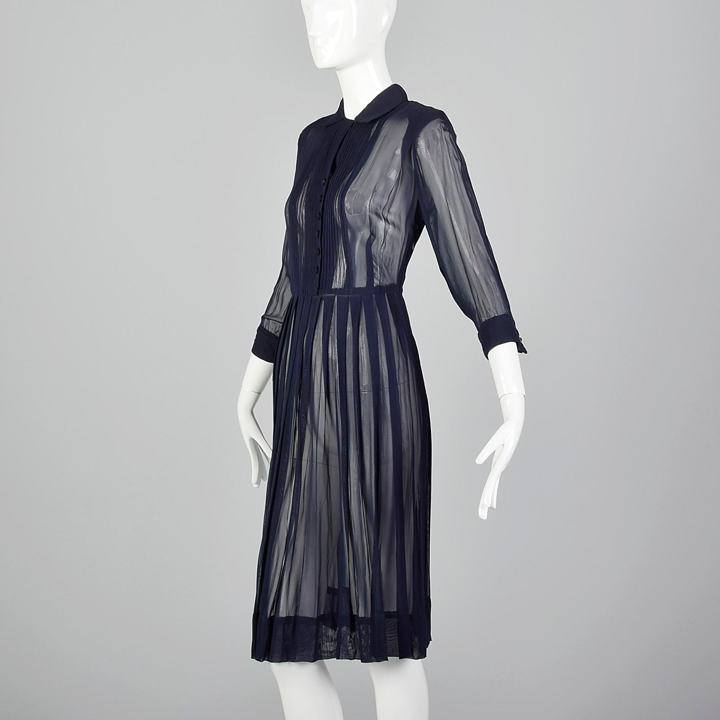 1940s Sheer Navy Blue Dress with Pleated Front Style & Salvage 1940s Sheer Navy Blue Dress with Pleated Front Style & Salvage