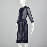 1940s Sheer Navy Blue Dress with Pleated Front