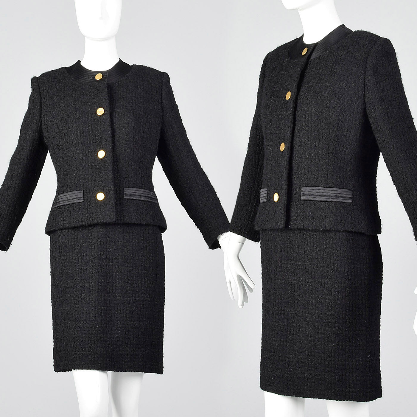 1960s Black Chunky Tweed Skirt Suit