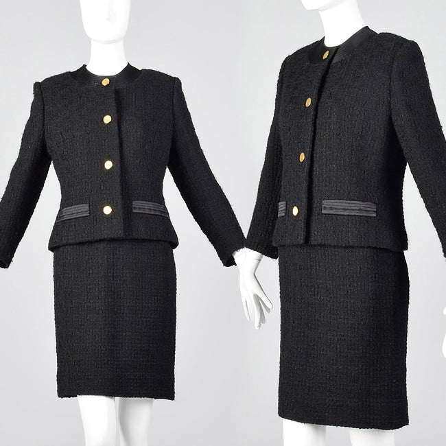 1960s Black Chunky Tweed Skirt Suit