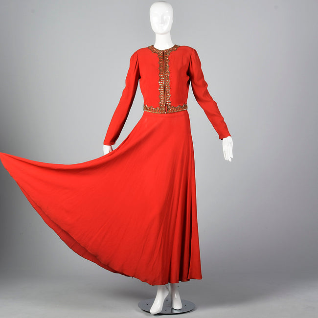 1940s Red Crepe Evening Dress & Matching Jacket with Sequin Trim