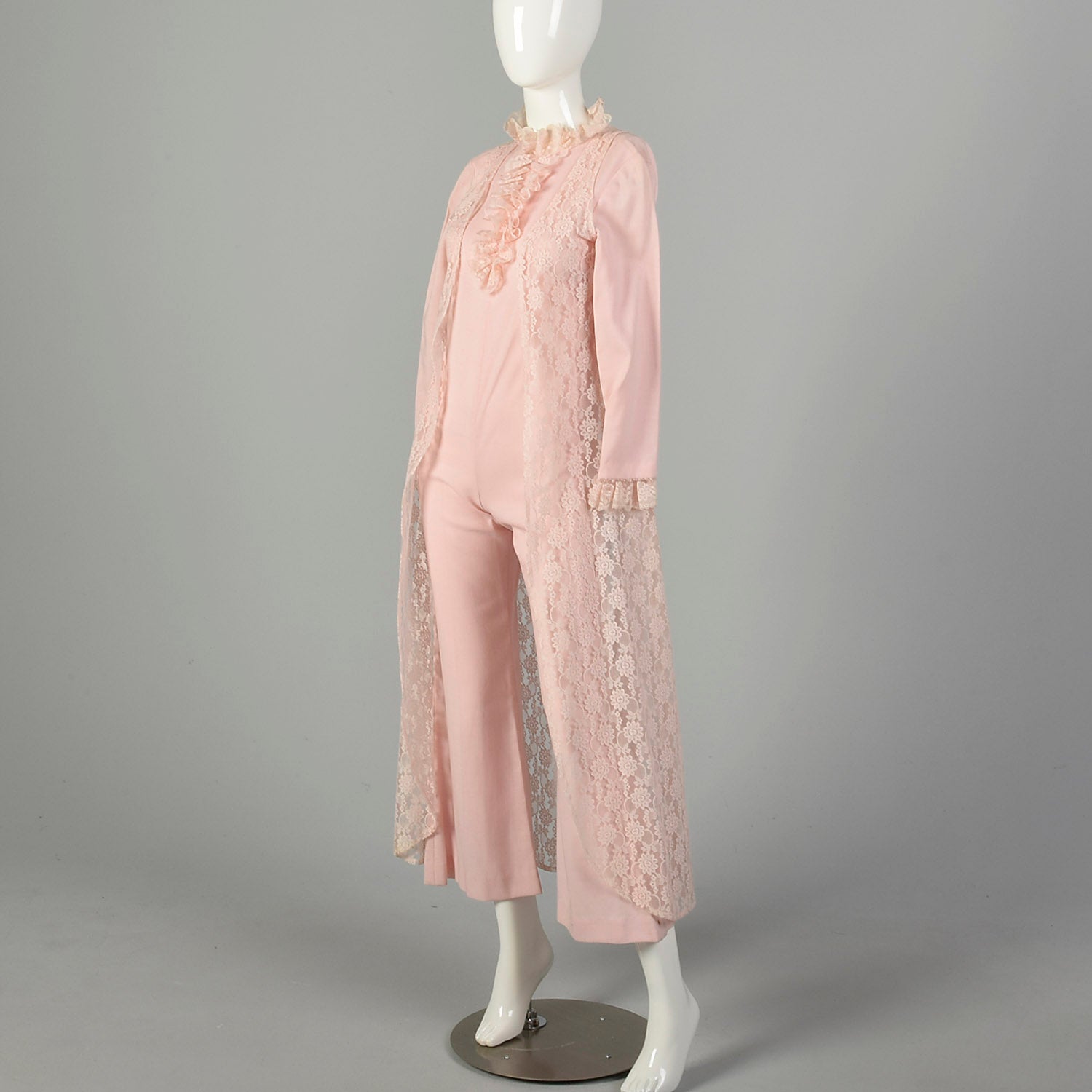 XXS 1970s Jumpsuit Two-Piece Pink Lace Vest Longsleeve