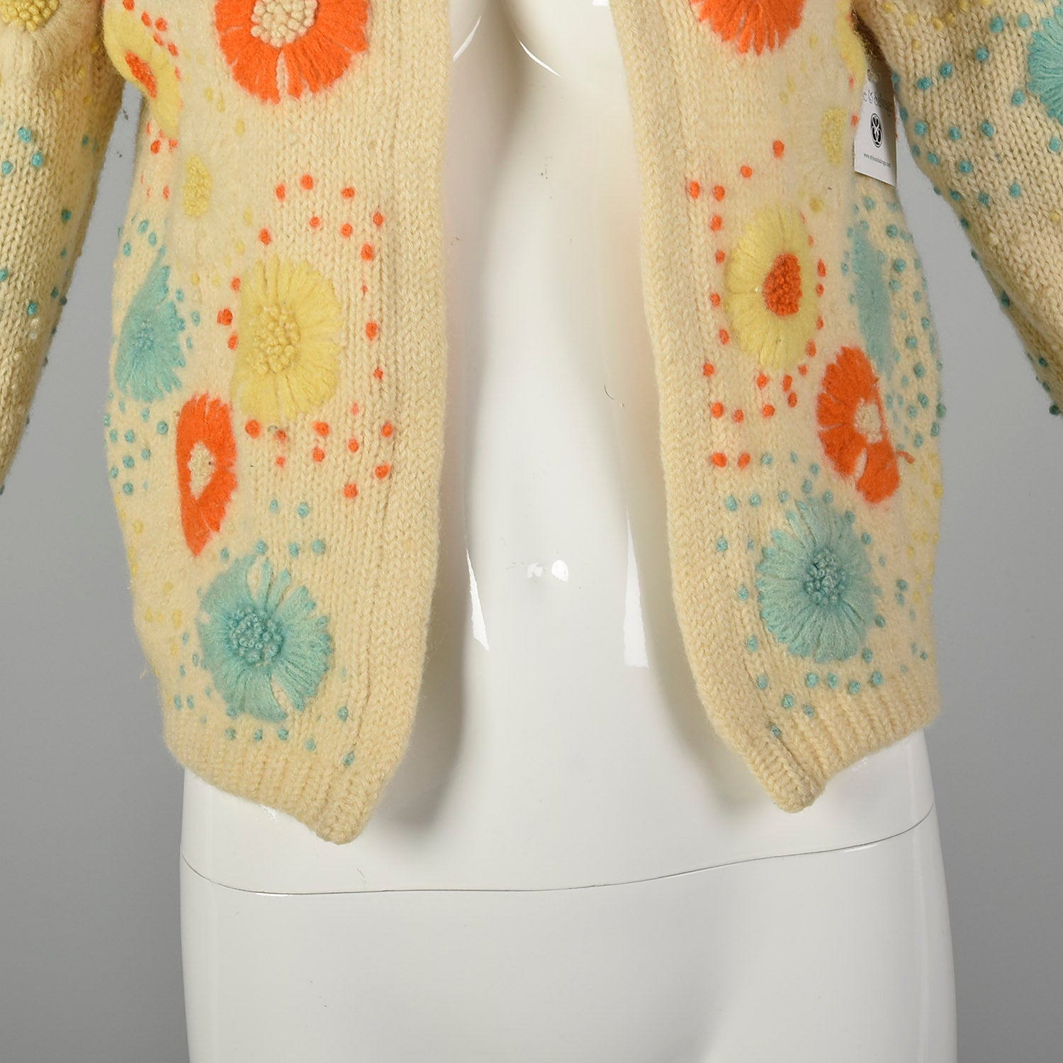 Small 1960s Boho Cardigan Cream Sweater with Multi-Color Floral Embroidery