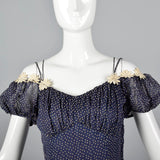 1940s Blue Flocked Swiss Dot Dress