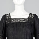 1970s Black Gauze Dress with Lace Trim
