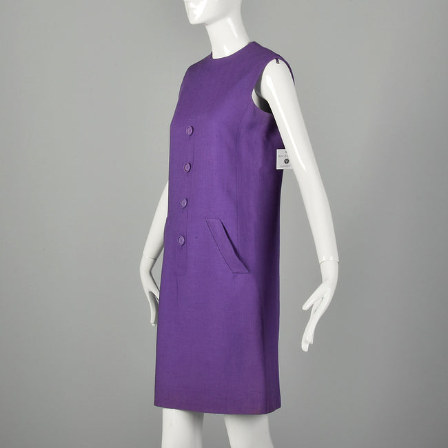 Small 1960s Dress Geoffrey Beene Purple Mini Linen Shift Sleeveless Space Age Mod Designer Dress