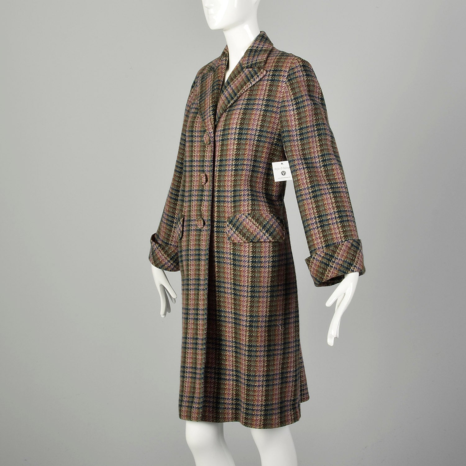 Medium 1950s Lavender Green Navy Tweed Plaid Coat Covered Buttons Winter Weight