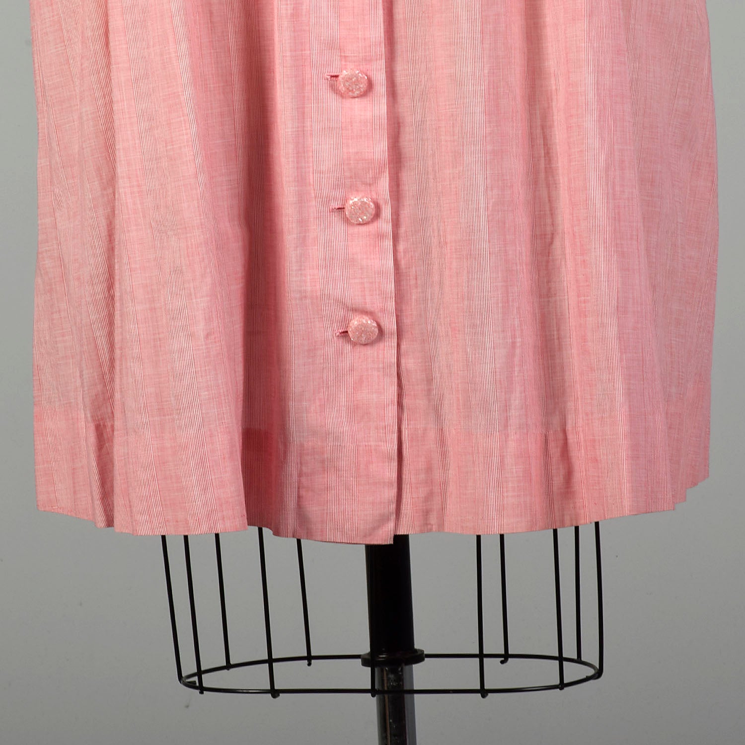 XXL 1950s Day Dress Pink Striped Lightweight Embroidered Belted Summer Short Sleeve