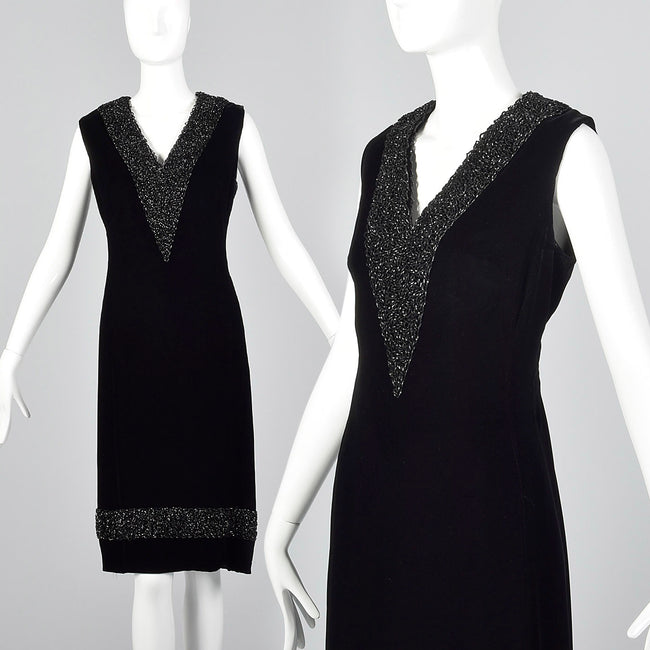 1960s Black Velvet Shift Dress with Heavy Beading