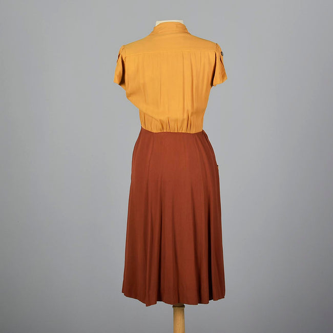 1950s Yellow and Brown Gaberdine Day Dress