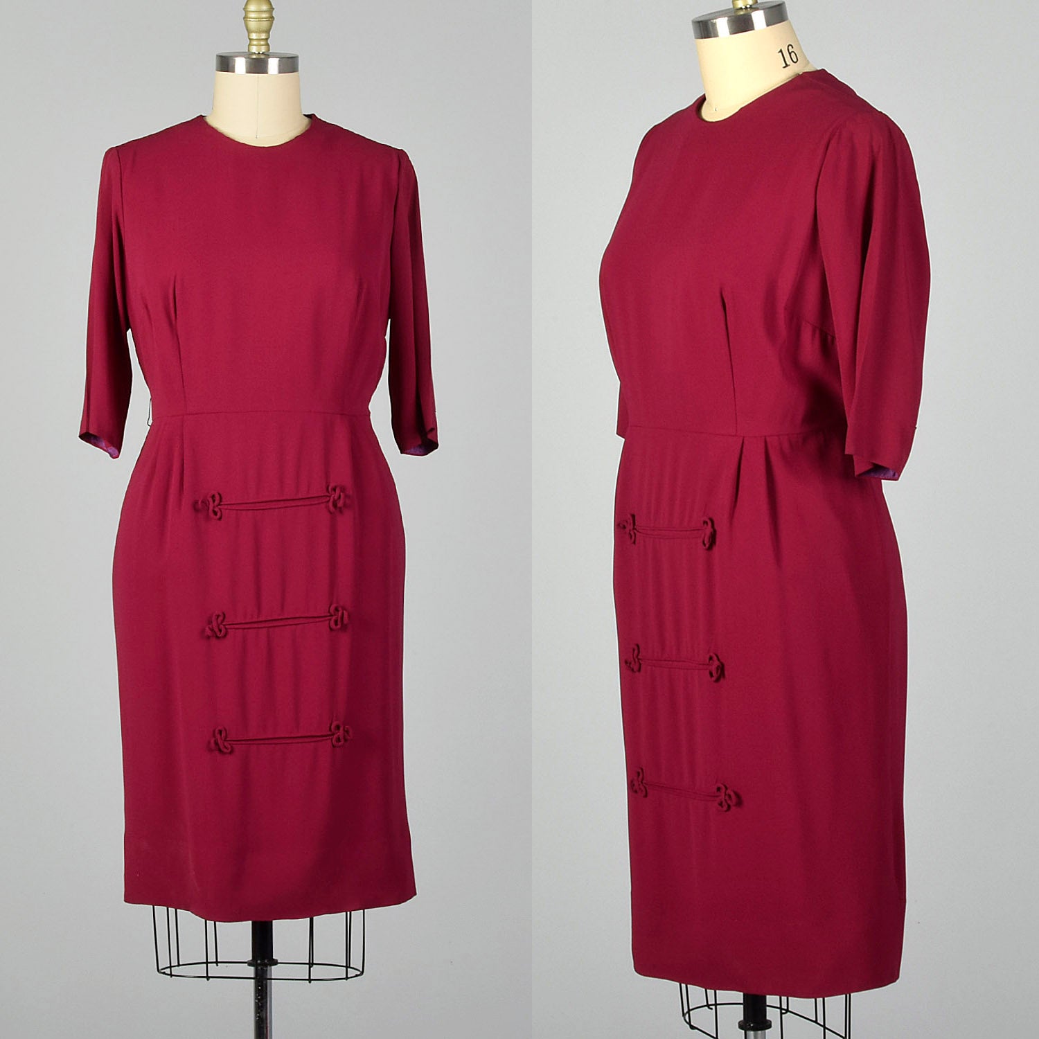 XL 1950s Magenta Dress with Piping Detail