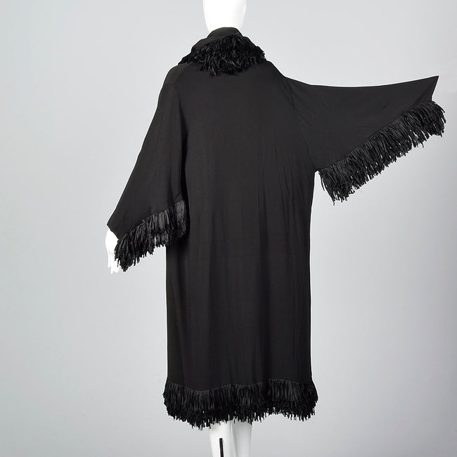 1920s Black Silk Flapper Coat with Fringe Trim