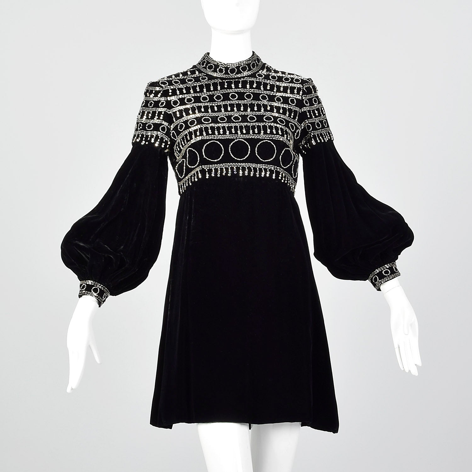 XS 1960s Beaded Black Velvet Dress