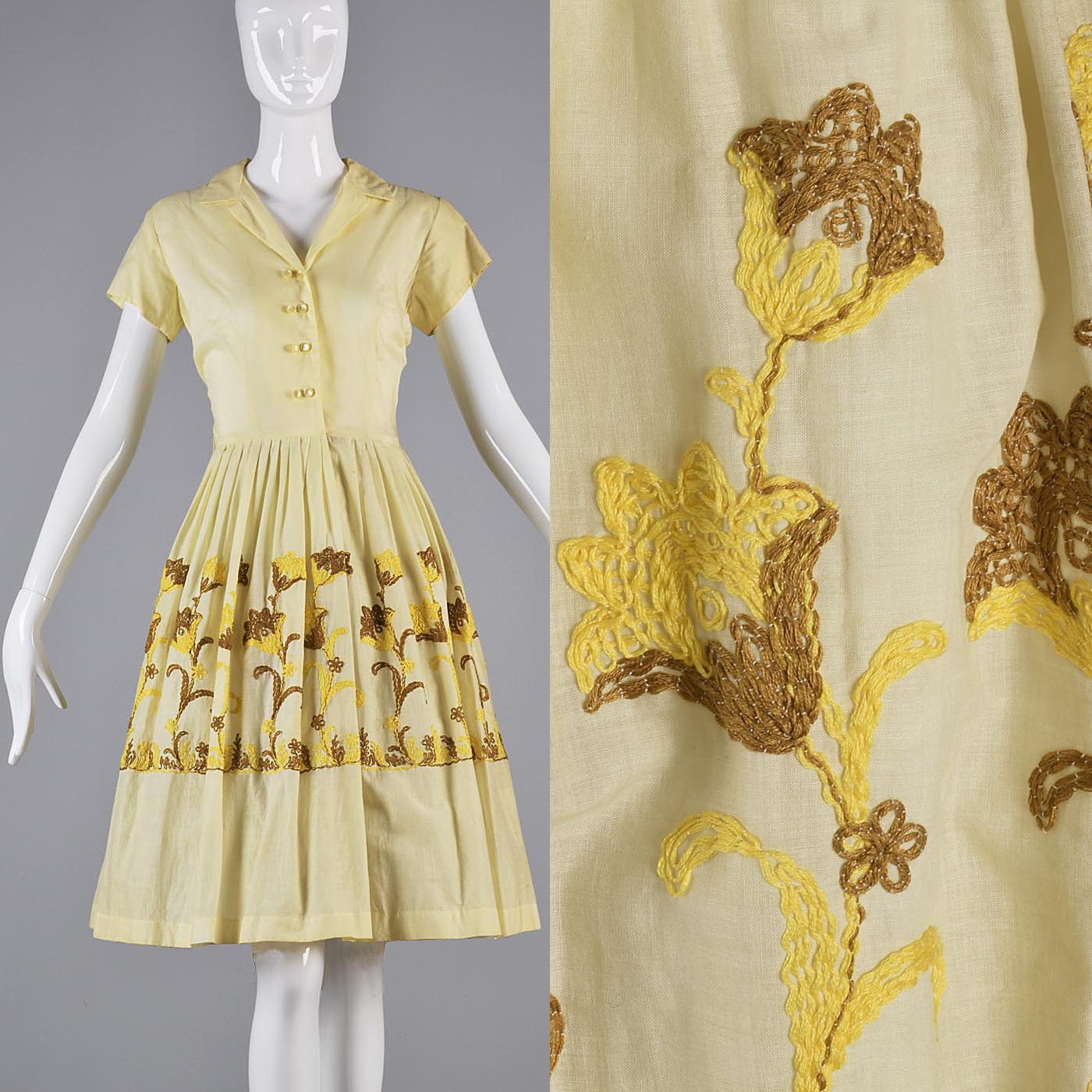 1950s Yellow Day Dress with Floral Embroidery