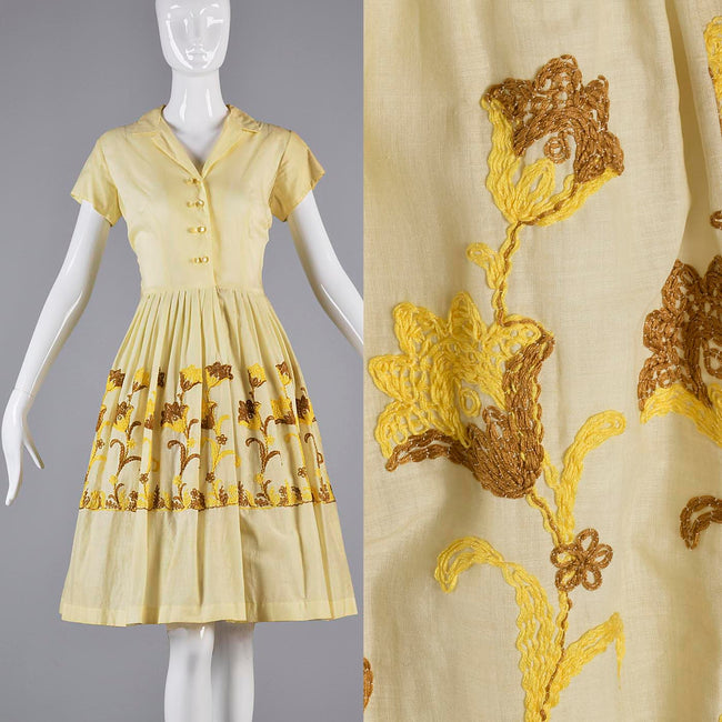 1950s Yellow Day Dress with Floral Embroidery