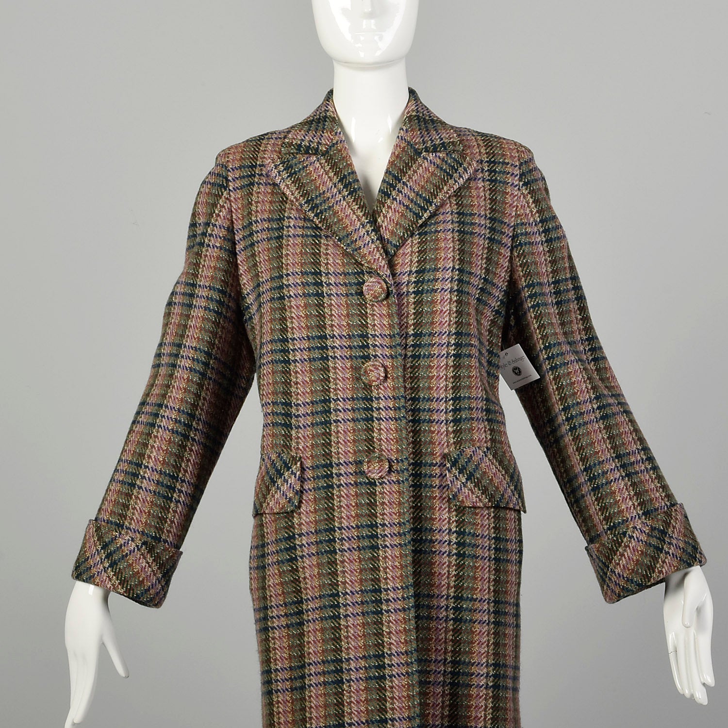 Medium 1950s Lavender Green Navy Tweed Plaid Coat Covered Buttons Winter Weight