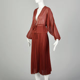 Small Rust Separates 1970s Sheer Blouse Pleated Skirt Low Cut Deep V Neckline Bohemian Set