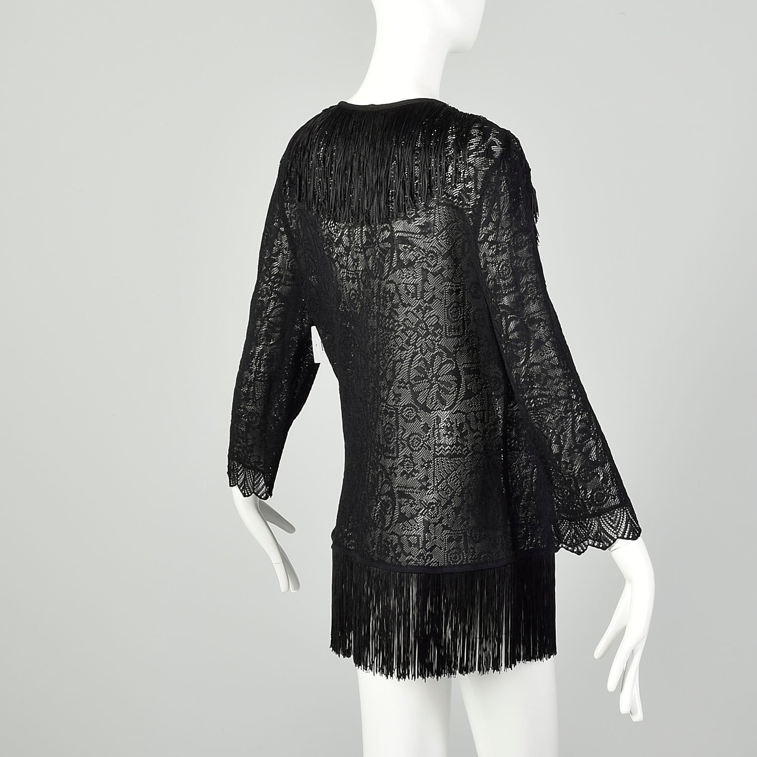 Large 1990s Escada Black Fringe Jacket Goth Sheer Lace Cardigan